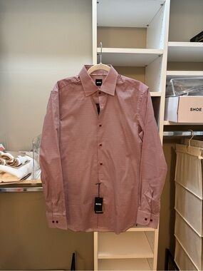 BOSS Men's Burgundy Micro-Pattern Dress Shirt